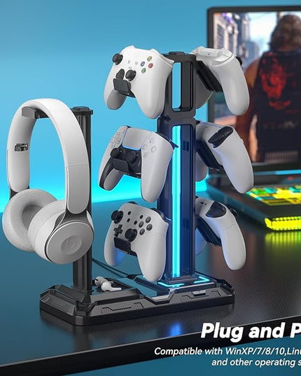 KDD RGB Multi-Controller Holder with 9 Light Modes - Rotatable Universal Headphone Hanger - Controller Stand with 6 Detachable Hooks for Desktop Gamer Accessories