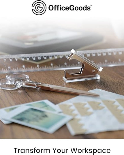OfficeGoods 3 Piece Acrylic Desk Set - Includes Ruler, Staple Remover, Scissors - Functional & Elegant Desk Accessories - Stationery Tools for Home, Office, and School - Clear with Rose Gold Metal