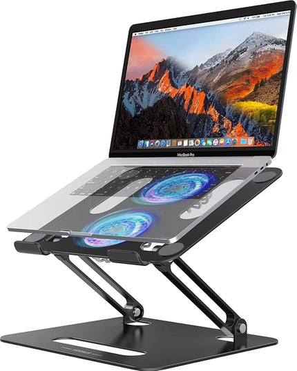 Adjustable Laptop Cooling Stand with 2 Quiet Fans & RGB Lighting, Aluminum Alloy & Foldable Ergonomic Design for MacBook, Lenovo, ASUS, Dell 10-16 Inch, Perfect for Gaming, DJ, Office - Black