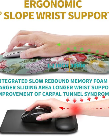 Hokafenle Ergonomic Mouse Pad Wrist Support, Wrist Rest Mousepad for Carpal Tunnel Pain Relief with Integrated Memory Foam Slope Massage Bulge (11.8x7.9 inch,Graceful Peony