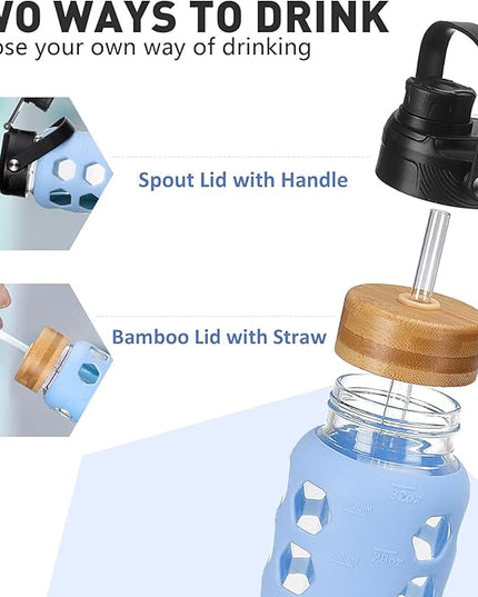 MUKOKO Glass Water Bottles,24oz Glass Tumbler with Straw,Drinking Bottles with 2 Lids-Handle Spout Lid&Bamboo Straw Lid,Motivational Water Bottle with Time Marker and Silicone Sleeve,1 Pack-Glacier