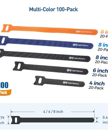 Cable Matters 100-Pack Hook-and-Loop Reusable Cable Ties, Sizes 4", 6", 8" with 42 lbs Tensile Strength - Multi-Color Cable Straps, Cord Organizers, Cord Management Ties