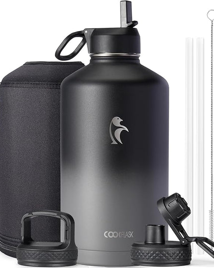 Coolflask 128 oz Gallon Water Bottle Insulated with Straw&3 Lids, Water Jug Large Stainless Steel Metal Vacuum Wide Mouth for Sports, Gym or Office, Non-BPA Keep Cold 48H Hot 24H, Piano Night