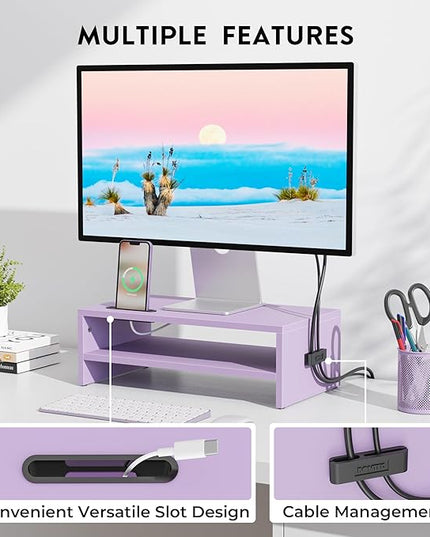 BONTEC Wooden Monitor Stand Riser, 2-Tier Desk Shelf with Storage Organizer, Ergonomic Computer Stand with Cable Management, Cellphone Holder, Purple, 16.5 Inch