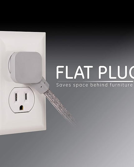 GE Pro 3 Outlet Surge Protector Power Strip, 8 Ft Designer Braided Extension Cord, Flat Plug, Wall Mount, Heather Gray, 45916