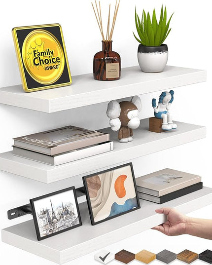 BAYKA White Floating Shelves for Wall – Rustic Wood Wall Shelves with Metal Brackets for Bathroom, Bedroom, Kitchen, or Living Room Decor Organization – Set of 3, Sturdy Storage with 22lb Capacity