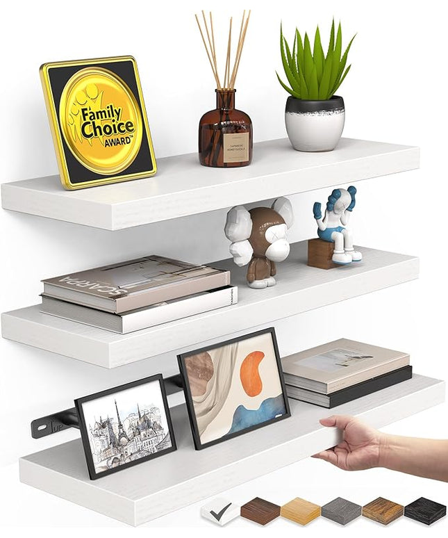 BAYKA White Floating Shelves for Wall – Rustic Wood Wall Shelves with Metal Brackets for Bathroom, Bedroom, Kitchen, or Living Room Decor Organization – Set of 3, Sturdy Storage with 22lb Capacity