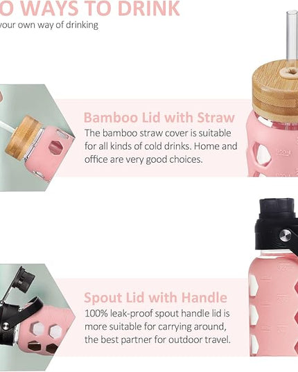 MUKOKO 32oz Glass Water Bottles with 2 Lids-Handle Spout Lid&Bamboo Straw Lid, Motivational Water Tumbler with Time Marker Reminder and Silicone Sleeve, Leakproof-Pink-1 Pack