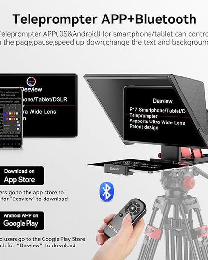Desview P17 Teleprompter，17 inch Aluminum Alloy Liftable Teleprompter, High Display Glass, Compatible with iPad Tablet Phone DSLR Camera, No Assembly, Carry Case Included, Great for Video Making