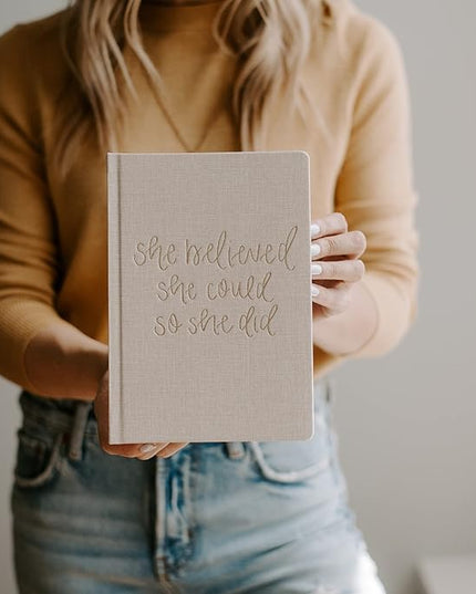 Sweet Water Decor Cute Motivational Lined Composition Notebook for Women, 100 Ruled Pages for Writing, Diary with Fabric Inspirational Cover (Tan She Believed She Could)