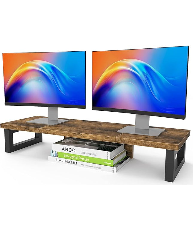 WESTREE Dual Monitor Stand Riser, Wood and Steel Monitor Stand Riser, Computer Monitor Stand for 2 Monitors, Multi-Purpose Desktop Storage Stand for Computer,Laptop,Printer,TV