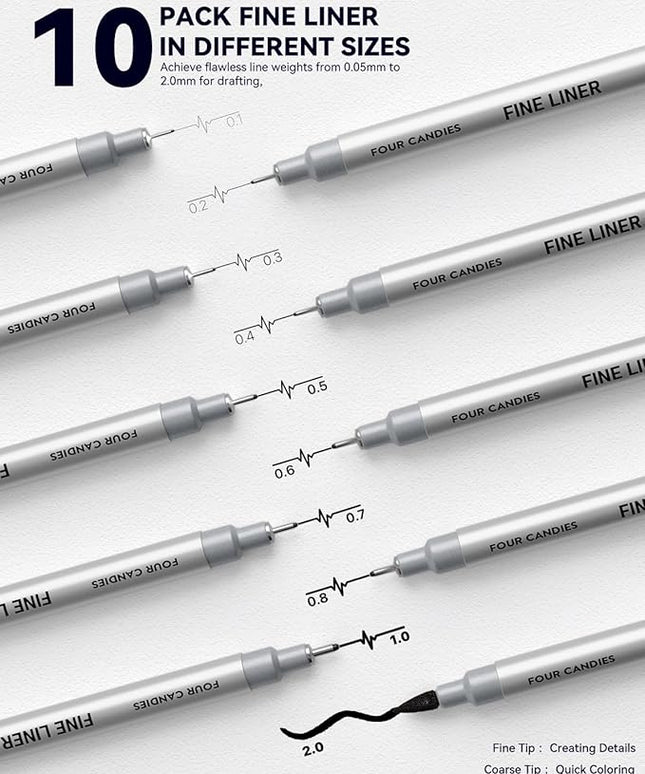 Four Candies 52pcs Art Supplies Sketching & Drawing Kit with 10 Micron Fineliner Pens, 6 Drafting Mechanical Pencils,3-Color Sketchbook,27 Lead Refills,School Supplies Gifts for Beginners Adults Teens