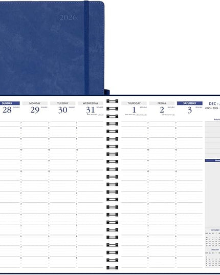 POPRUN 2026 Weekly Planner (A4-8.25'' x 11.75''), Quarter-Hourly Appointment Book (Jan. 2026 to Dec. 2026) with Monthly Tabs, Spiral Softcover, 2 Inner Pockets, Pen Holder - Indigo Blue