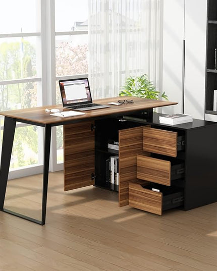 Homsee Home Office Computer Desk Corner Desk with 3 Drawers, 2 Shelves & 2 Doors, 55 Inch Large L-Shaped Study Writing Table with Storage Cabinet, Black & Brown (54.3”L x 40.9”W x 29.1”H)