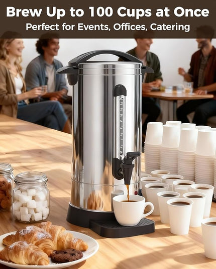 OSTBA 1500W Commercial Coffee Urn 100 Cup / 15L Large Percolator Coffee Pot, 304 Stainless Steel Double-Wall Hot Water Dispenser Electric Coffee Maker Fast Brewing for Catering, Parties & Events