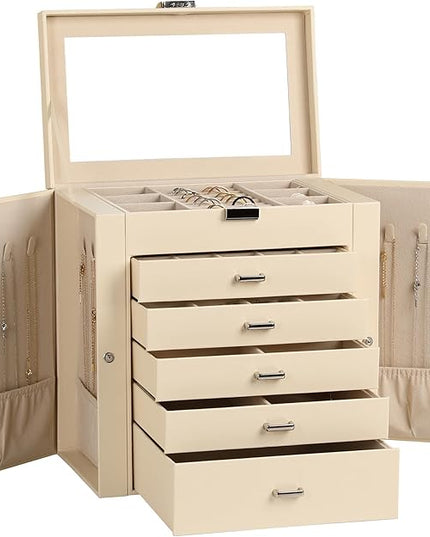 Frebeauty Large Jewelry Box,6-Tier PU Leather Jewelry Organizer,Multi-functional Storage Case with Mirror,Accessories Holder with 5 Drawers for Necklace Bracelets Watches(Beige)