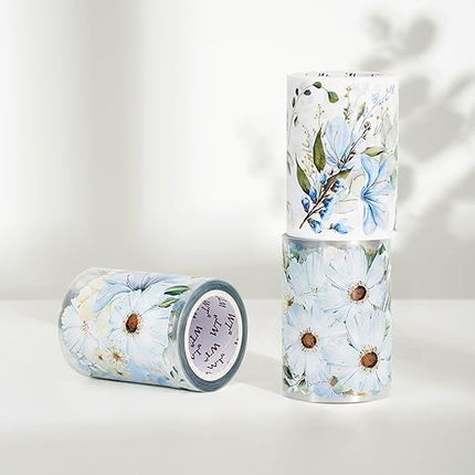 WT Serene Wide PET Tape, Single Roll, Original Designs, Watercolor Blue Flower Decorative Tape, Transparent Clear Adhesive Tape, Journal Scrapbook Bujo Planner DIY Craft Supplies
