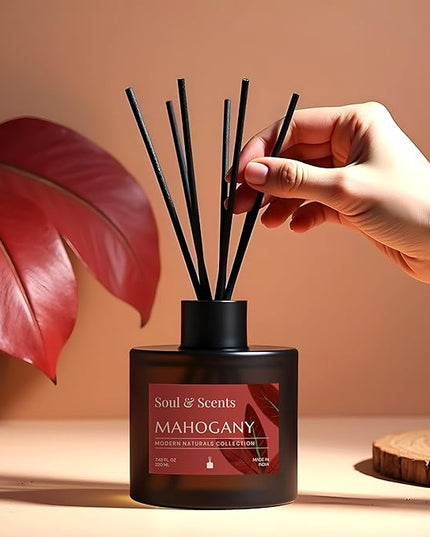 Soul & Scents Reed Diffuser Set – Mahogany | 7.43 oz Refillable Scented Oil with 6 Fiber Sticks | Long-Lasting Home Fragrance & Air Freshener for Bedroom, Bathroom, Office | Gift & Décor Piece