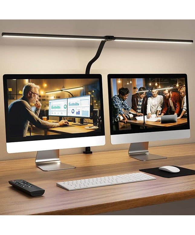LED Desk Lamp for Home Office, 24W Computer Desk Light with Remote Control, Bright Table Lamp with Clamp Dimmable Tall Desktop Lighting with Bendable Gooseneck, Double Head, Black
