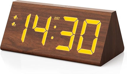 fomobest Wooden Digital Alarm Clock with Dual USB Charging Ports, DST, Dimmable, Snooze, Modern Large Time Display LED Clock for Kids Bedrooms, Living Room, Desk, Table, Bedside, Nightstand (Brown)