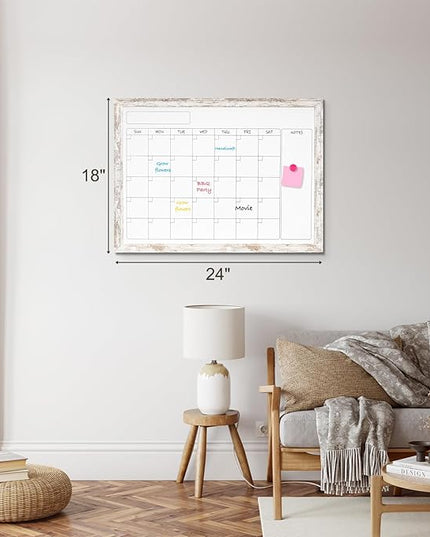 Monthly Dry Erase Calendar Whiteboard for Wall, 24" x 18" Magnetic White Board Calendar Board - Rustic Vintage Wooden Frame