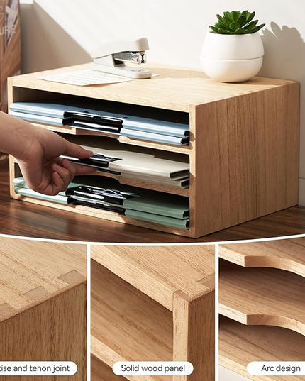 KIRIGEN Wooden Desktop Organizer Paper Storage Letter Tray File Sorter - Desk Rack Magazine File Dividers Holders for Home Office Accessories Wood Desk Cabinet with 3 Layer Trays Natural(3KWJG-NA)