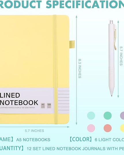 Aodaer 12 Set Lined Notebook Journals with Pens A5 Notebooks 100 GSM College Ruled Hardcover Notebook PU Leather Notepad with Pen Holder for Office School, 5.7 x 8.3 Inches, Light Multicolor