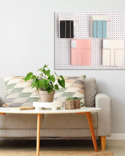 4 Pair Pegboard Display Shelves Expandable Width Metal Magazine Holder Hanging Wall File Organizer Pegboard Accessories Wall Decor for Pantry Exhibitions Trade Show Retail Store(Rose)