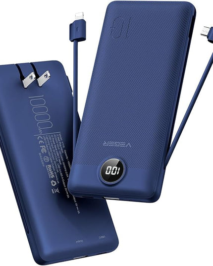 VEGER Portable Charger with Built-in AC Plug and Cables, All in One 10000mAh Ultra Slim Power Bank Travel Essentials, 15W Fast Charging Battery Pack Compatible with iPhone, Samsung, Android (Navy)