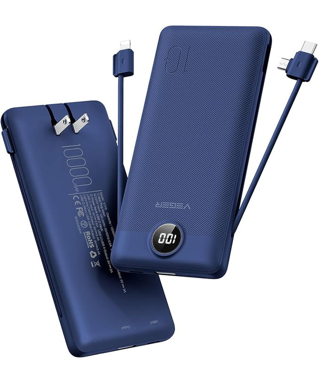 VEGER Portable Charger with Built-in AC Plug and Cables, All in One 10000mAh Ultra Slim Power Bank Travel Essentials, 15W Fast Charging Battery Pack Compatible with iPhone, Samsung, Android (Navy)