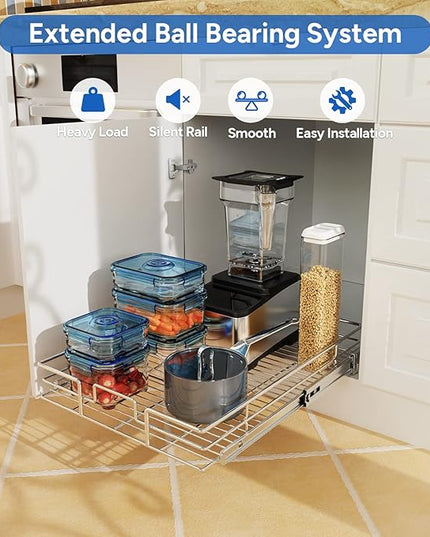 ROOMTEC Pull Out Cabinet Organizer, Cabinet Pull Out Shelves 14" W x 18" D, Heavy Duty Cabinet Drawers Slide Out Kitchen Cabinet Organizers Storage Shelf