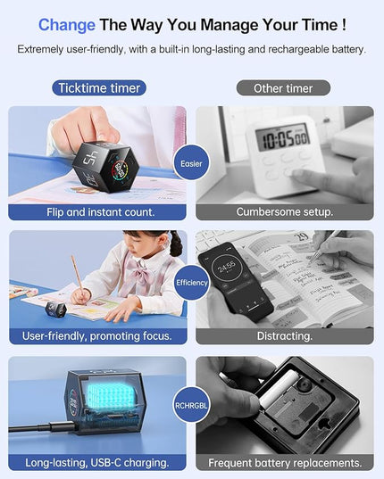 Pomodoro Timer Cube, Hexagon Productivity Timer, Pause & Resume, Silent, Vibrate & Adjustable Sound Alert, for ADHD, Task, Work, Study, 5/15/25/30/45/60min & Custom Countdown,Gray