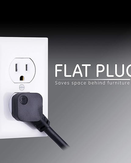 GE Surge Protector Power Strip, 8 Ft Extension Cord, 6 Outlet Extender, 1300 Joules, Flat Plug, Twist-to-Close Safety Covers, ETL Listed, Black, 33662