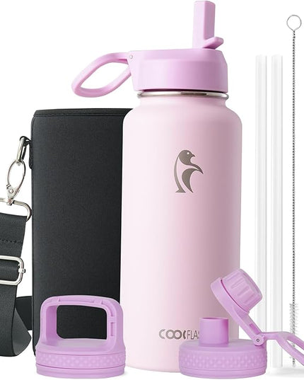 Coolflask Water Bottle 32 oz Insulated with Straw, Stainless Steel Metal 3 Lids Water Flask Wide Mouth for Sports or Office, Non-BPA Keep Cold Up to 48 Hrs or Hot Up to 24 Hrs, Pink