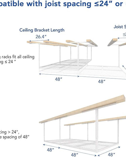 FLEXIMOUNTS 4x8 Overhead Garage Storage Rack, Adjustable Organization System, Heavy-Duty Metal Ceiling Racks, 750lbs Weight Capacity, White, Classic Series