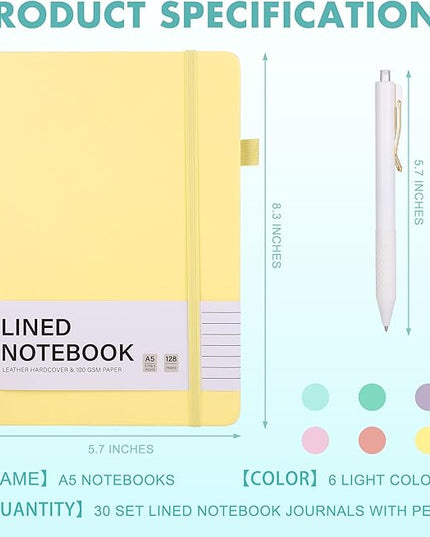 Aodaer 30 Set Lined Notebook Journals with Pens A5 Notebooks 100 GSM College Ruled Hardcover Notebook PU Leather Notepad with Pen Holder for Office School, 5.7 x 8.3 Inches, Light Multicolor