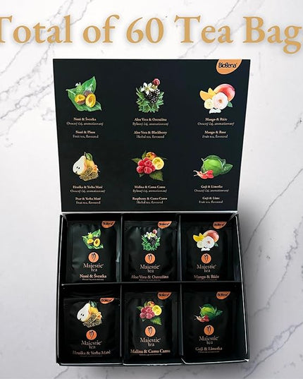 Biogena Majestic Tea Assortment Gift Box Flavored Fruit, Herbal Tea Sampler Box - (6x10 Tea Bags Variety Pack)