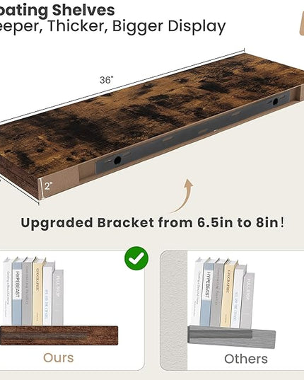 Heimlove 12" Deep Floating Shelves, 36 x 12 Inch Wall Mounted Long Floating Shelf with Invisible Brackets, for Home Decor, Bedroom, Kitchen, Living Room, Bathroom - 2 Pack, Rustic Brown