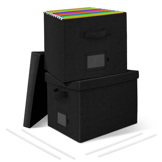 Onylin File Organizer Boxes with Lid, Linen Hanging File Storage Boxes with Handle, Collapsible Document Filling Boxes for Letter/Legal Folder, Portable File Box for Office/Decor/Home (2 Pack, Black)