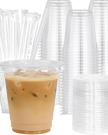 Coolcap 12 oz 100 Pack Disposable Clear Plastic Cups with Lids and Straws, Food Safe Bulk Iced Coffee Cups for Smoothies, Milkshakes and Other Cold Drinks