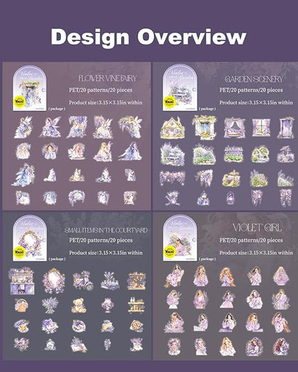 AuriicLeaf Violet Garden PET Sticker Set, 80PCS Fairy-Themed Scrapbook Supplies Journal Stickers in Purple for DIY Crafts, Planners, and Collages