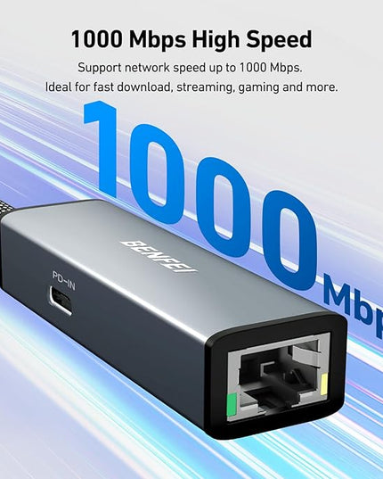 BENFEI USB-C to Ethernet Gigabit Adapter with 100W Power Delivery, Thunderbolt 3/4 to RJ45 Ethernet LAN Network Adapter Compatible with iPhone 15 Pro/Max, MacBook Pro/Air 2023, iMac