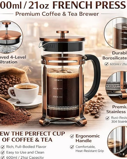 French Press Coffee Maker 21 oz, 304 Stainless Steel Double Mesh Filter, Borosilicate Glass, Heat-Resistant, BPA-Free, Ideal for Home, Office & Gift