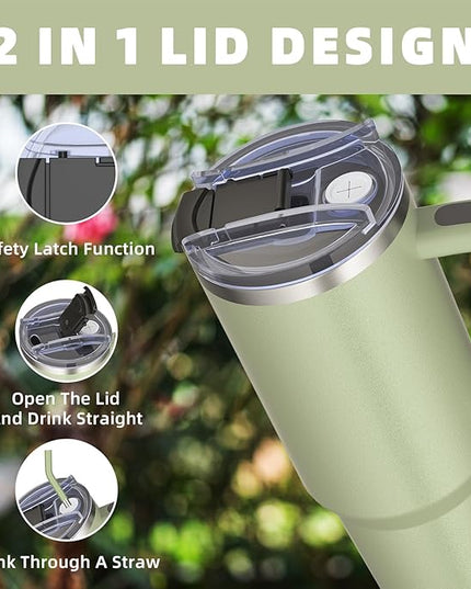 40 oz tumbler with handle and straw,Double Wall Vacuum Reusable Stainless Steel Insulated Water Bottle,With Leak Proof lid and Straw for Iced or Cold Beverages (bay green)