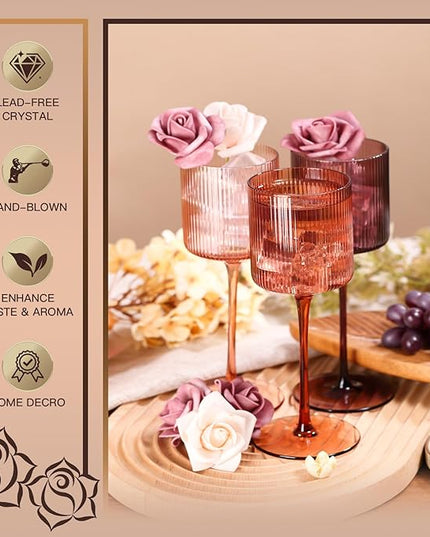 Melanin Colored Square Wine Glasses Set of 6, Elegant Ribbed Design Amber Crystal Glassware with Long Stem, 11.5oz Hand Blown Red & White Wine Stemware For Home Bar Deco,Party,Wine Dinner- Multicolour