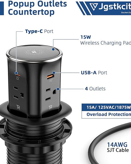 Jgstkcity Pop Up Countertop Outlet with 15W Wireless Charger,20W USB C Ports,Flush Mount Tamper Resistant,Recessed Grommet Receptacle,4 USB 4 Outlets,15A,1875W,ETL Listed,3.15in Hole,Black