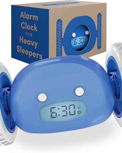 CLOCKY Extra Loud Alarm Clock for Heavy Sleepers on Wheels Rolls Runs Away Vibrating Easy to Set Super Smart Snooze Digital Bed Shaker Alarm Clock Funny Gift for Adults Kids Teens Bedrooms (Blue)