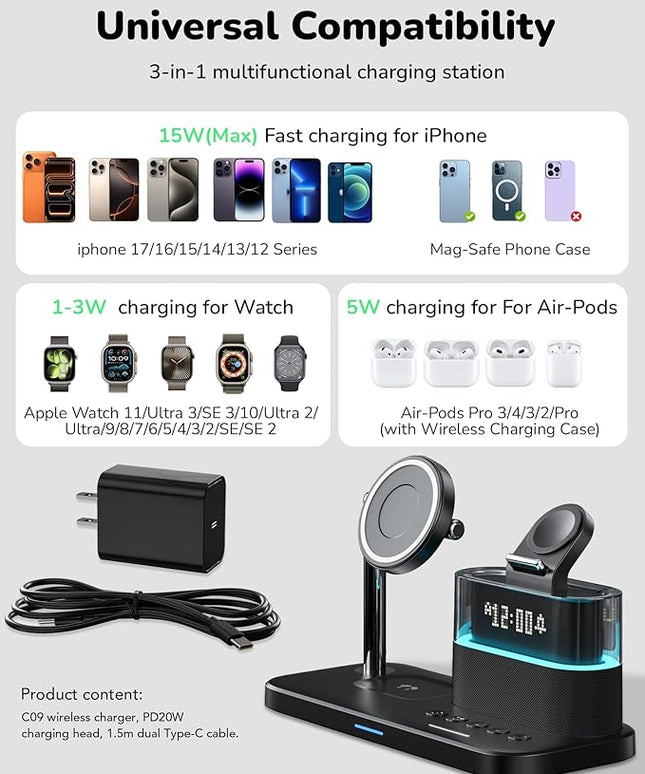 5 in 1 Wireless Charging Station for Apple,Mag-Safe Charger with Alarm Clock Night Light for Multiple Devices,Nightstand Charging Station for iPhone 17/16/15/14/13/12,Apple Watch Series,Air-Pods