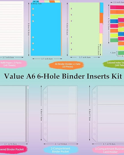 Antner A6 Refill Paper Planner Inserts for A6 6 Ring Notebook Binder, 135 Sheets Lined Filler Paper, 3 Binder Pockets & 10 Dividers & 160PCS Neon Sticky Tabs for Refillable Personal Planners Journals