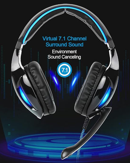 SADES SA902 Stereo Gaming Headset 7.1 USB Surround Sound PC Headsets Over-Ear Gaming Headphones with Microphone LED Light Black Blue